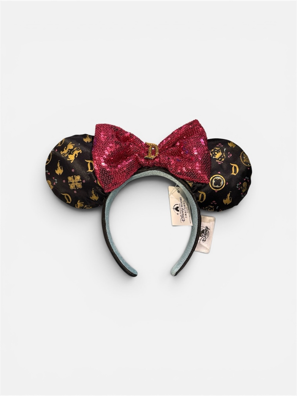 Disney Black Ears Headband with Hot Pink Sequin Bow and Gold Accents